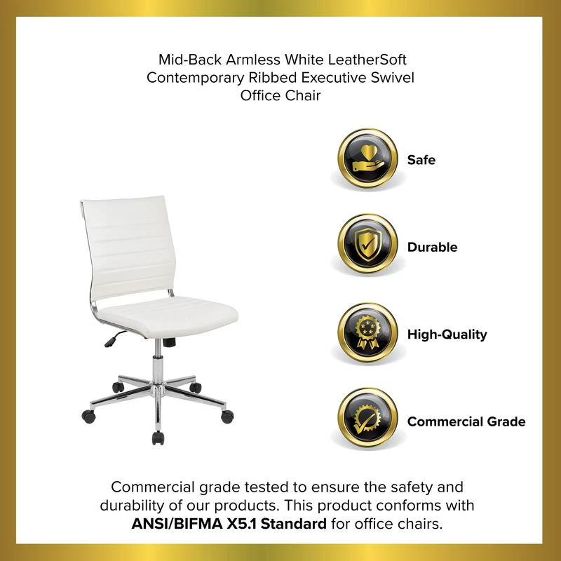 Mid-Back Armless LeatherSoft Ribbed Executive Swivel Office Chair