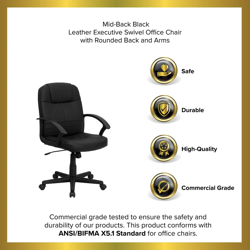 Mid-Back Leather Executive Swivel Office Chair with Rounded Back and Arms