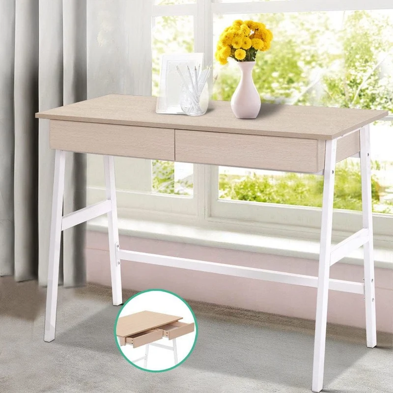 Borg 1000mm Metal Desk with Drawer - White with Oak Top