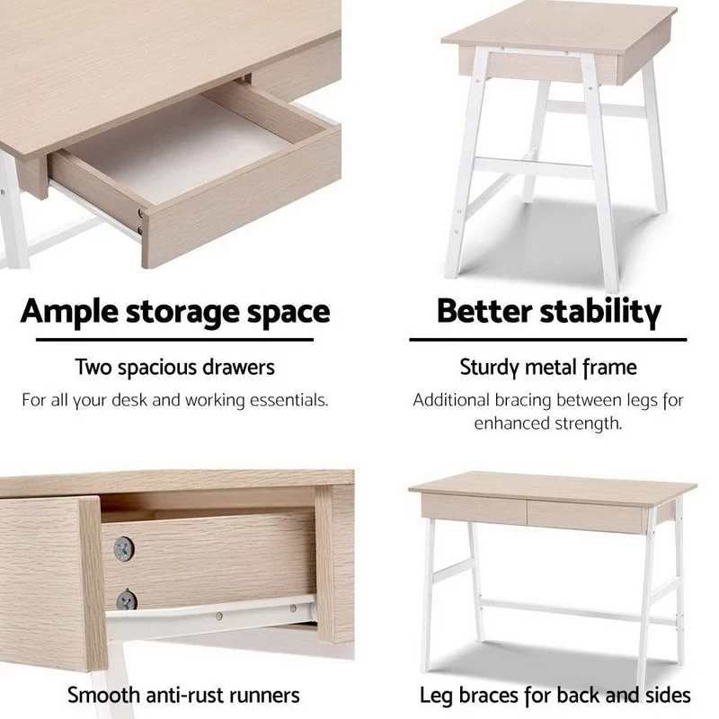 Borg 1000mm Metal Desk with Drawer - White with Oak Top