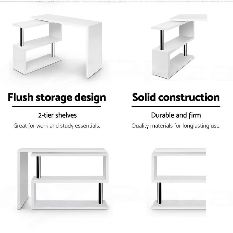 Rotary Corner Desk with Bookshelf - White