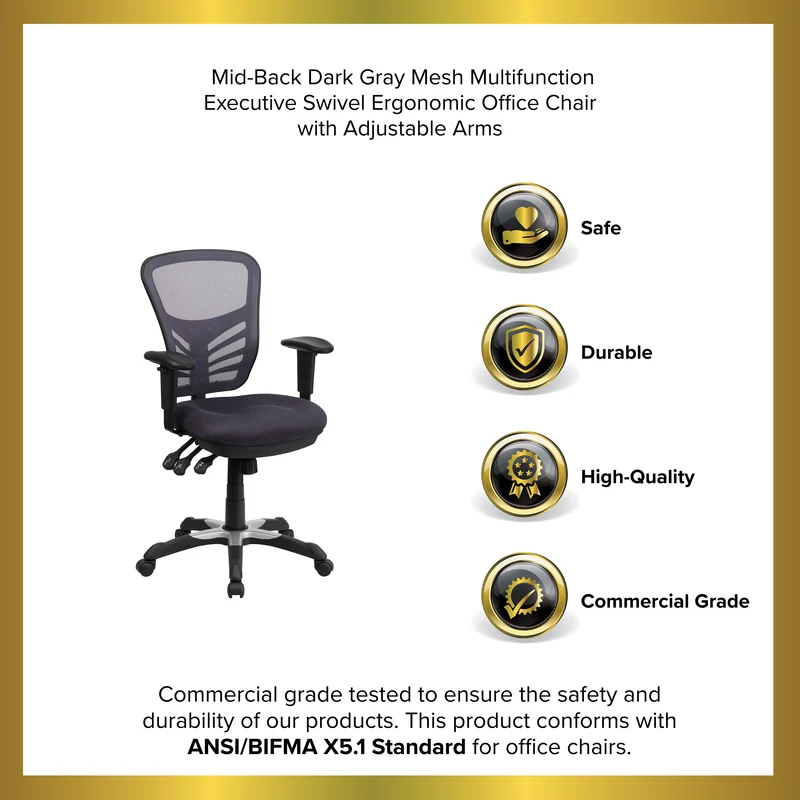 Mid-Back Mesh Triple Paddle Swivel Ergonomic Office Chair with Adjustable Arms