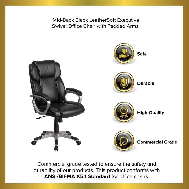 Mid-Back LeatherSoftSoft Executive Swivel Office Chair with Padded Arms