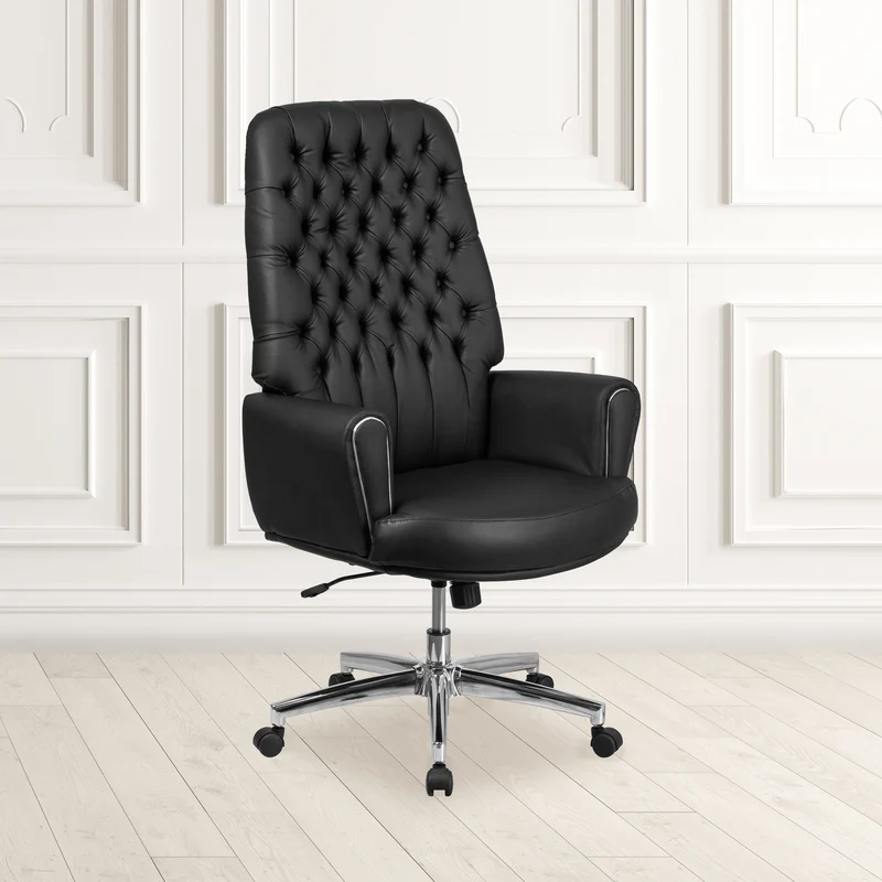 High Back Traditional Tufted LeatherSoft Swivel Office Chair Silver Welt Arms