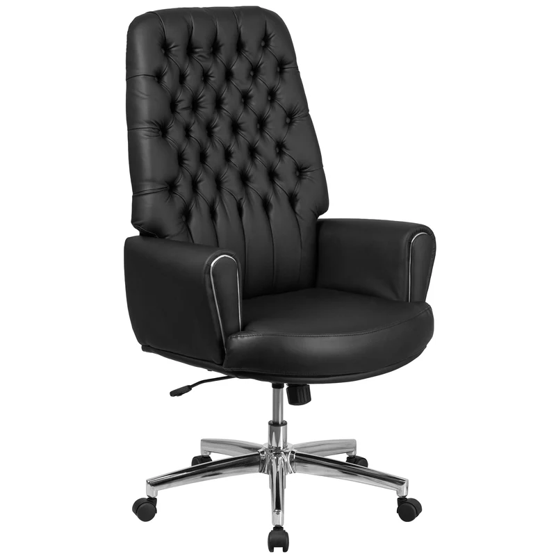 High Back Traditional Tufted LeatherSoft Swivel Office Chair Silver Welt Arms