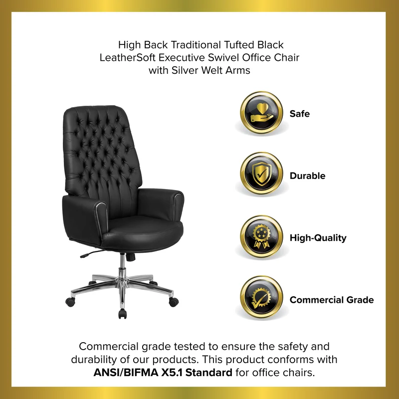 High Back Traditional Tufted LeatherSoft Swivel Office Chair Silver Welt Arms