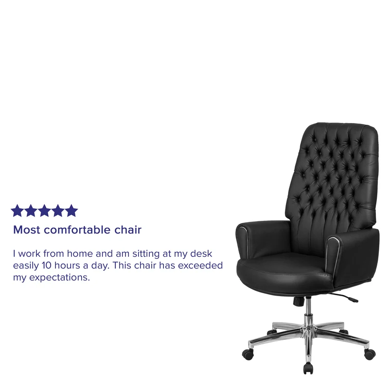 High Back Traditional Tufted LeatherSoft Swivel Office Chair Silver Welt Arms