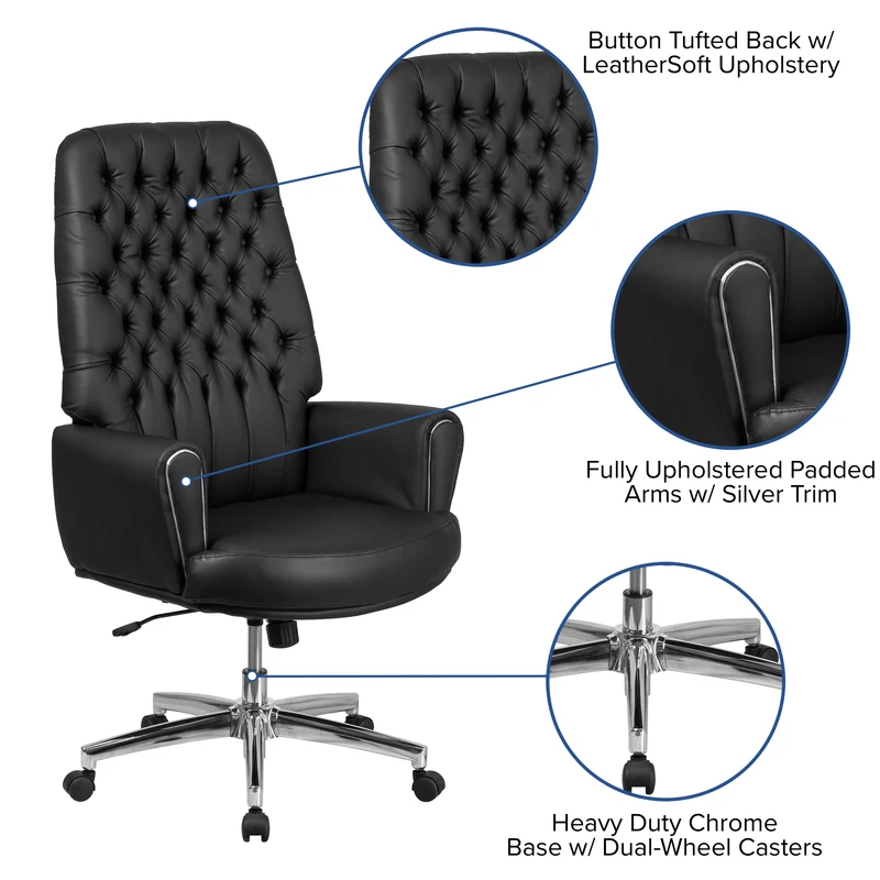 High Back Traditional Tufted LeatherSoft Swivel Office Chair Silver Welt Arms