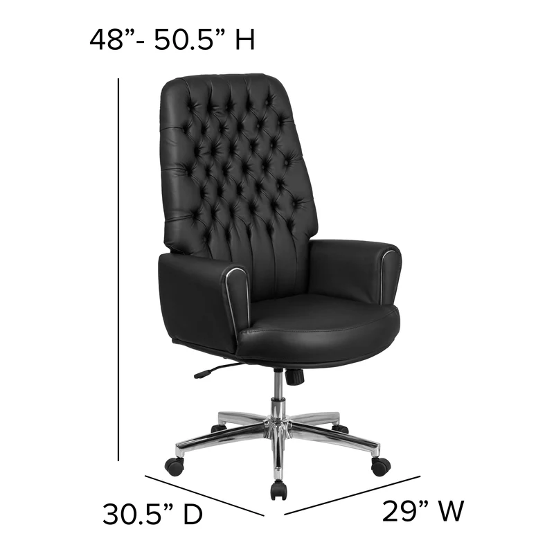 High Back Traditional Tufted LeatherSoft Swivel Office Chair Silver Welt Arms