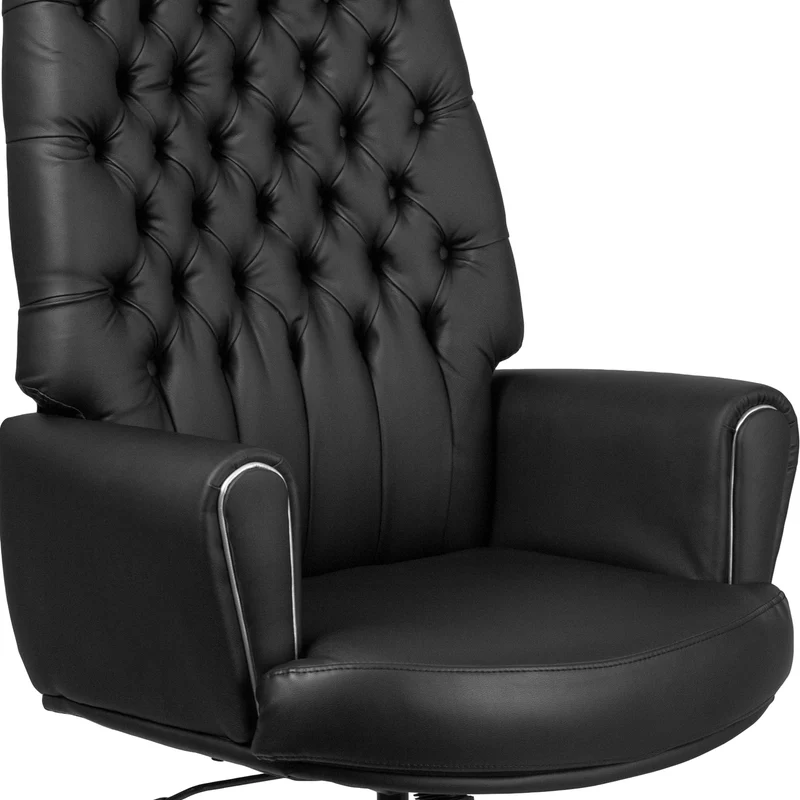 High Back Traditional Tufted LeatherSoft Swivel Office Chair Silver Welt Arms