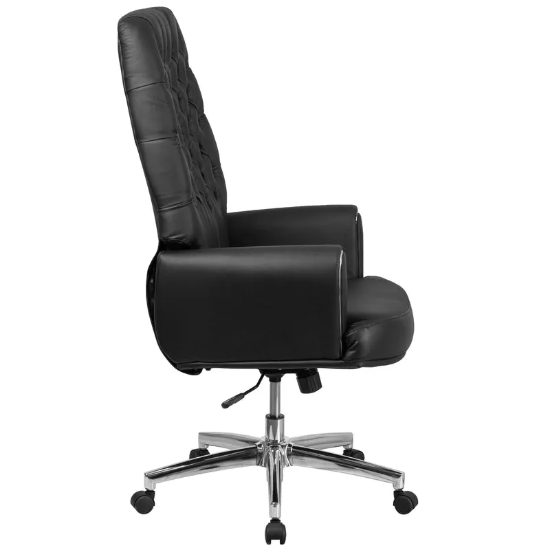 High Back Traditional Tufted LeatherSoft Swivel Office Chair Silver Welt Arms