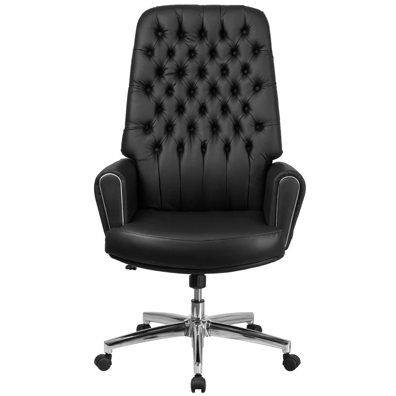High Back Traditional Tufted LeatherSoft Swivel Office Chair Silver Welt Arms