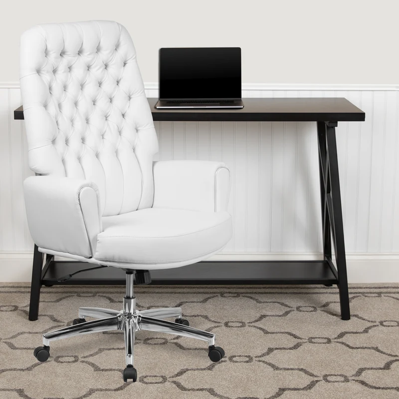 High Back Traditional Tufted LeatherSoft Swivel Office Chair Silver Welt Arms