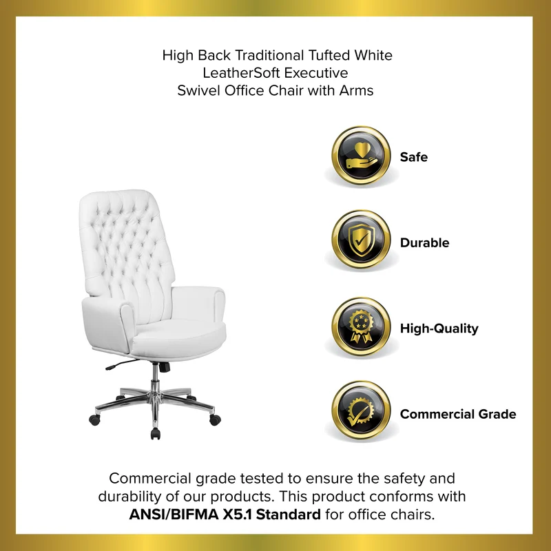 High Back Traditional Tufted LeatherSoft Swivel Office Chair Silver Welt Arms