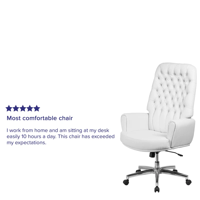 High Back Traditional Tufted LeatherSoft Swivel Office Chair Silver Welt Arms