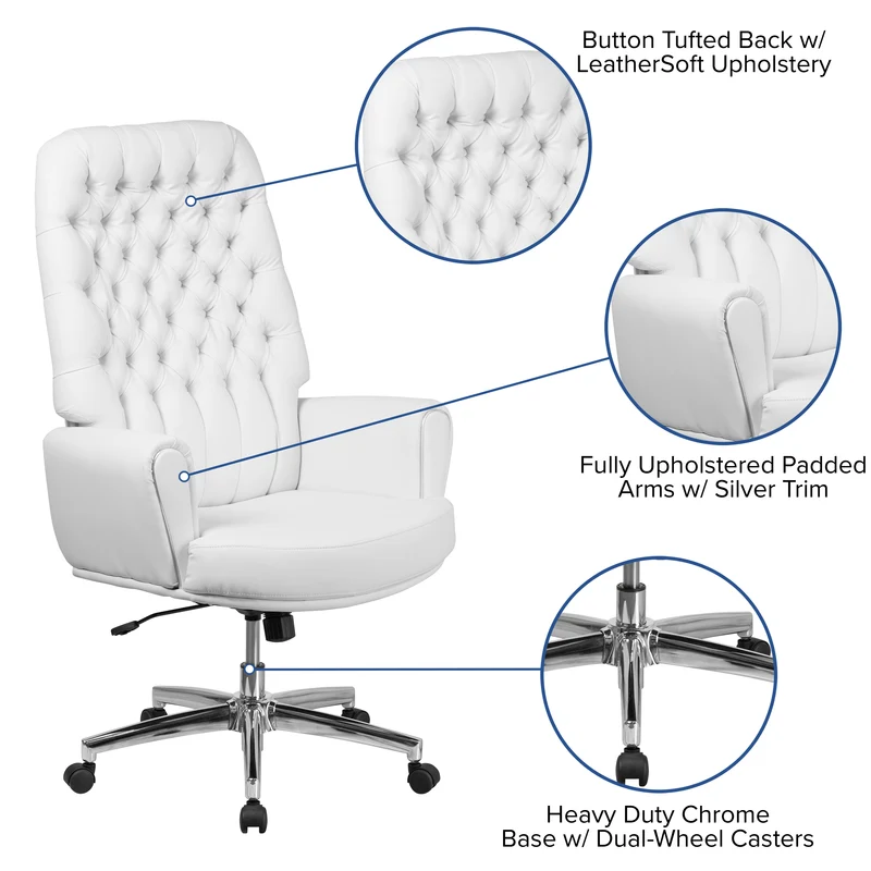 High Back Traditional Tufted LeatherSoft Swivel Office Chair Silver Welt Arms