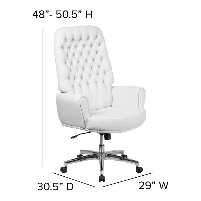 High Back Traditional Tufted LeatherSoft Swivel Office Chair Silver Welt Arms