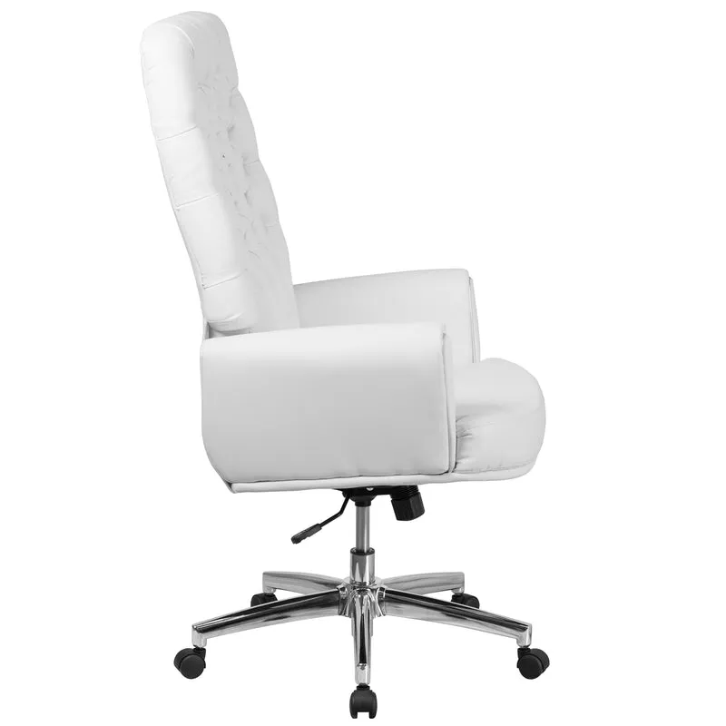 High Back Traditional Tufted LeatherSoft Swivel Office Chair Silver Welt Arms