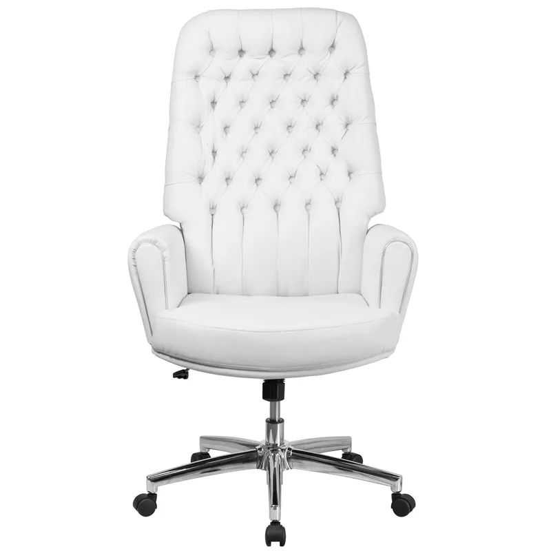 High Back Traditional Tufted LeatherSoft Swivel Office Chair Silver Welt Arms