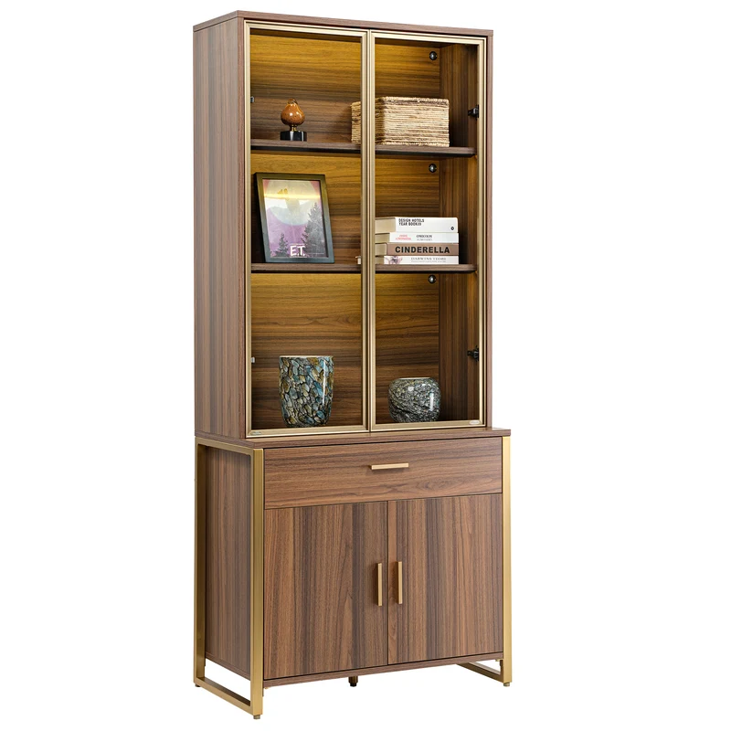 77'' Display Bookshelf with Glass Door and Storage Cabinets, Walnut