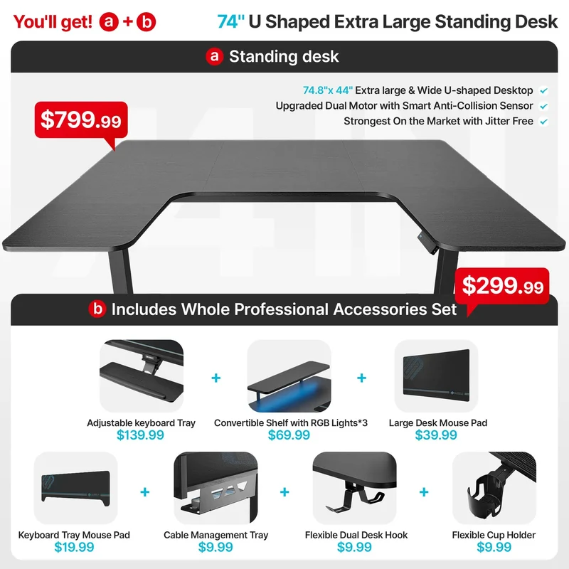 U-Shaped Standing Desk with Accessories Set (74"x23")