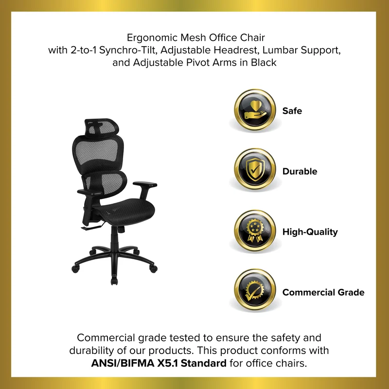 Ergonomic Mesh Office Chair-Synchro-Tilt, Headrest, Adjustable Pivot Arms