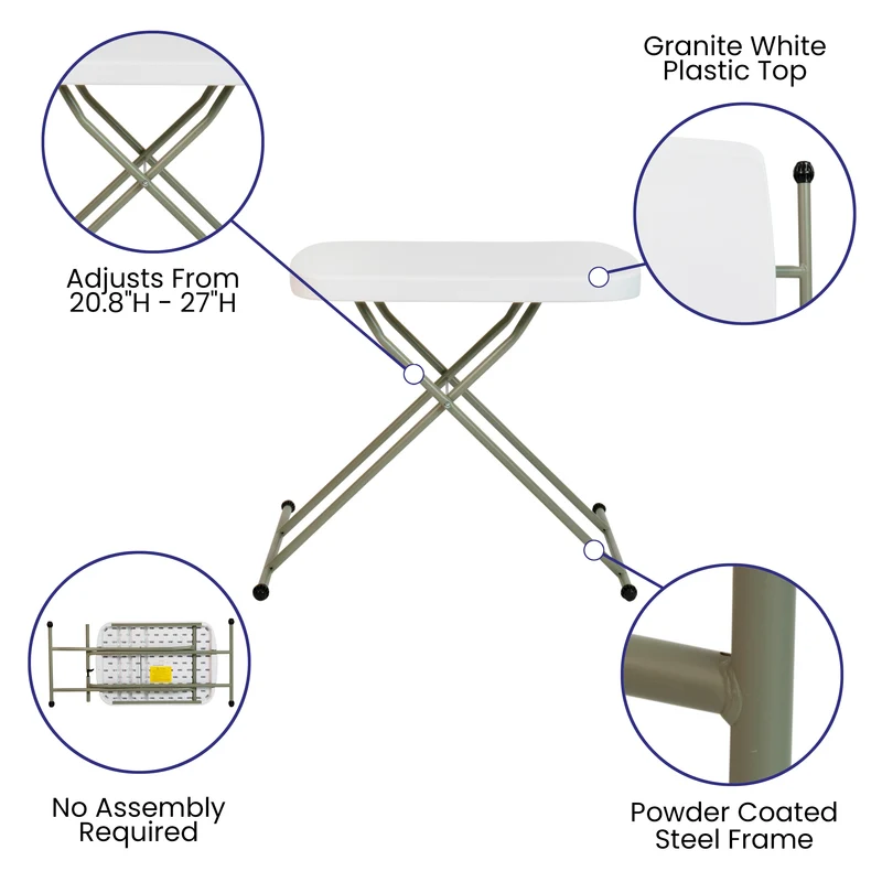 Height Adjustable Plastic Folding TV Tray/Laptop Table in Granite White