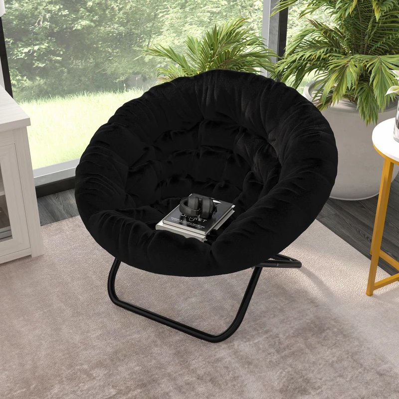 Ersa Oversize Folding Saucer Chair with Cozy Faux Fur Cushion and Metal Frame for Dorms, Bedrooms, Apartments and More
