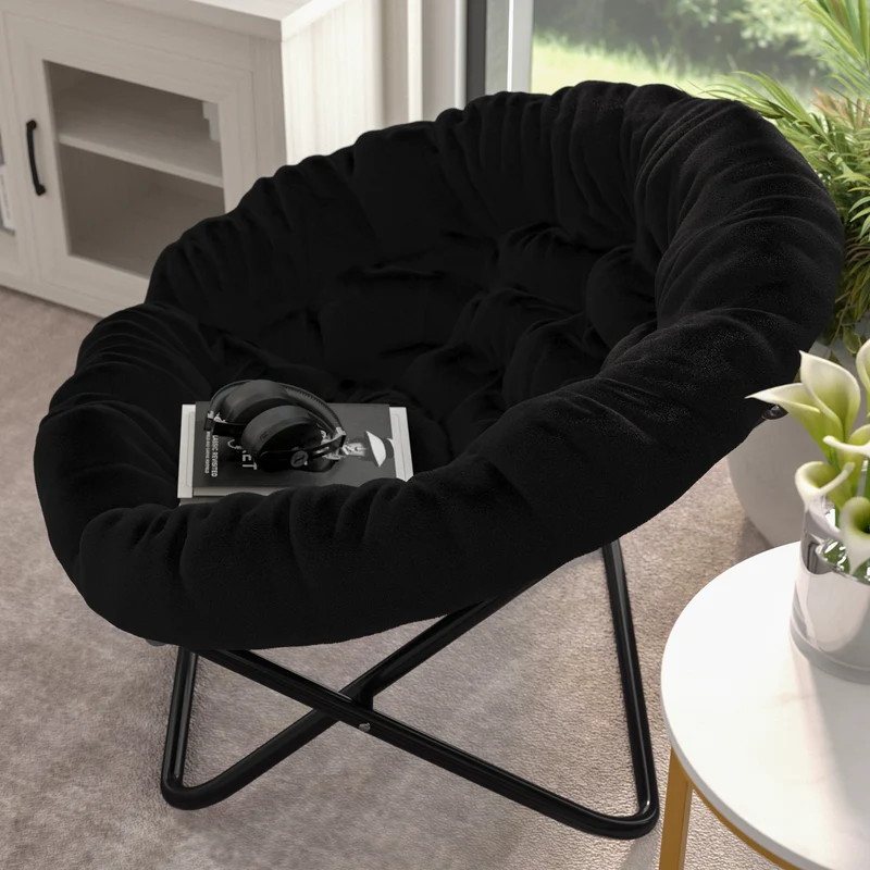 Ersa Oversize Folding Saucer Chair with Cozy Faux Fur Cushion and Metal Frame for Dorms, Bedrooms, Apartments and More