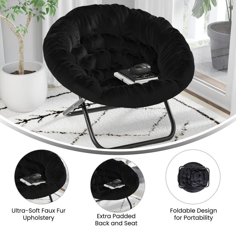 Ersa Oversize Folding Saucer Chair with Cozy Faux Fur Cushion and Metal Frame for Dorms, Bedrooms, Apartments and More