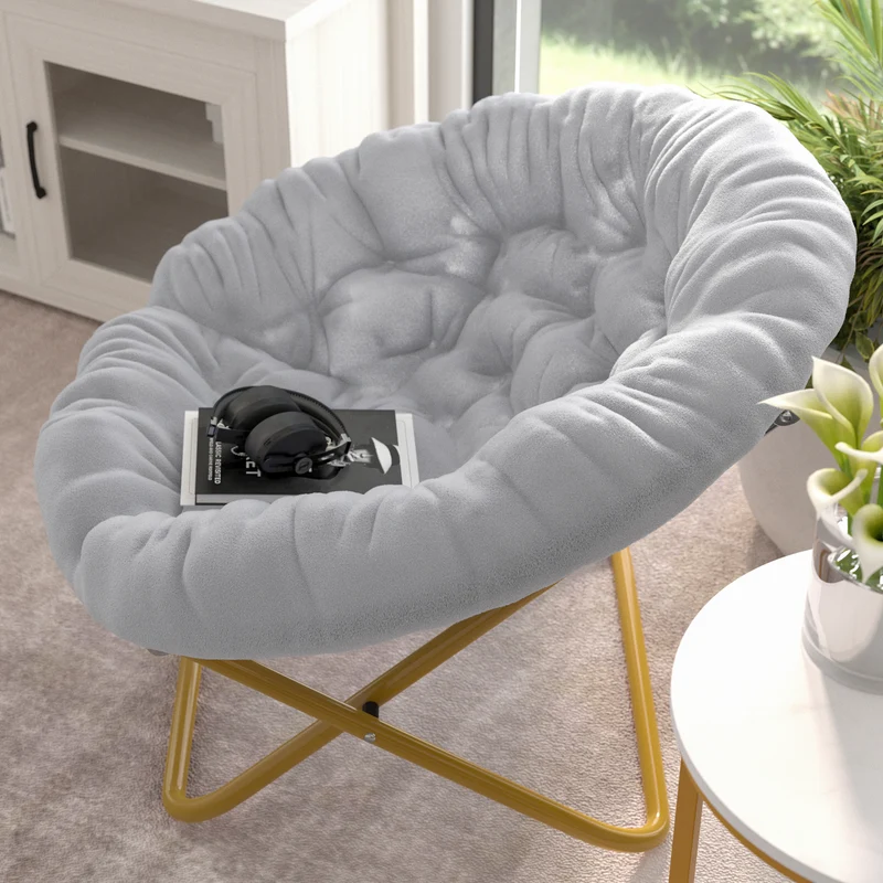 Ersa Oversize Folding Saucer Chair with Cozy Faux Fur Cushion and Metal Frame for Dorms, Bedrooms, Apartments and More