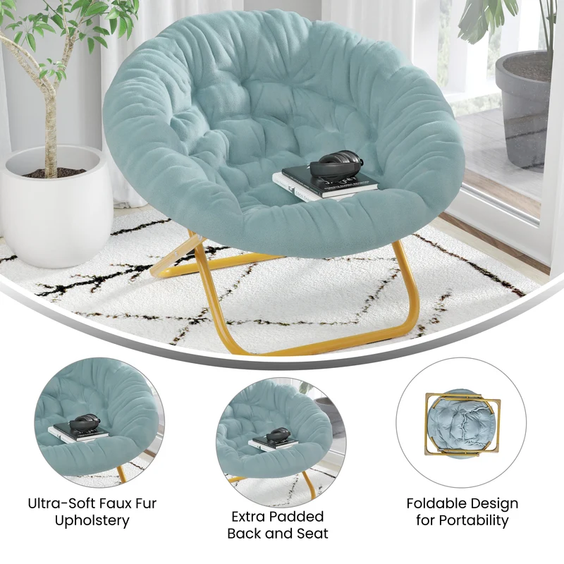 Ersa Oversize Folding Saucer Chair with Cozy Faux Fur Cushion and Metal Frame for Dorms, Bedrooms, Apartments and More