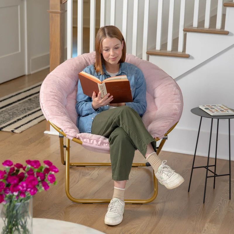 Ersa Oversize Folding Saucer Chair with Cozy Faux Fur Cushion and Metal Frame for Dorms, Bedrooms, Apartments and More