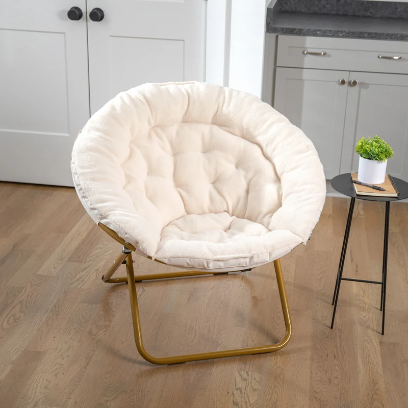Ersa Oversize Folding Saucer Chair with Cozy Faux Fur Cushion and Metal Frame for Dorms, Bedrooms, Apartments and More