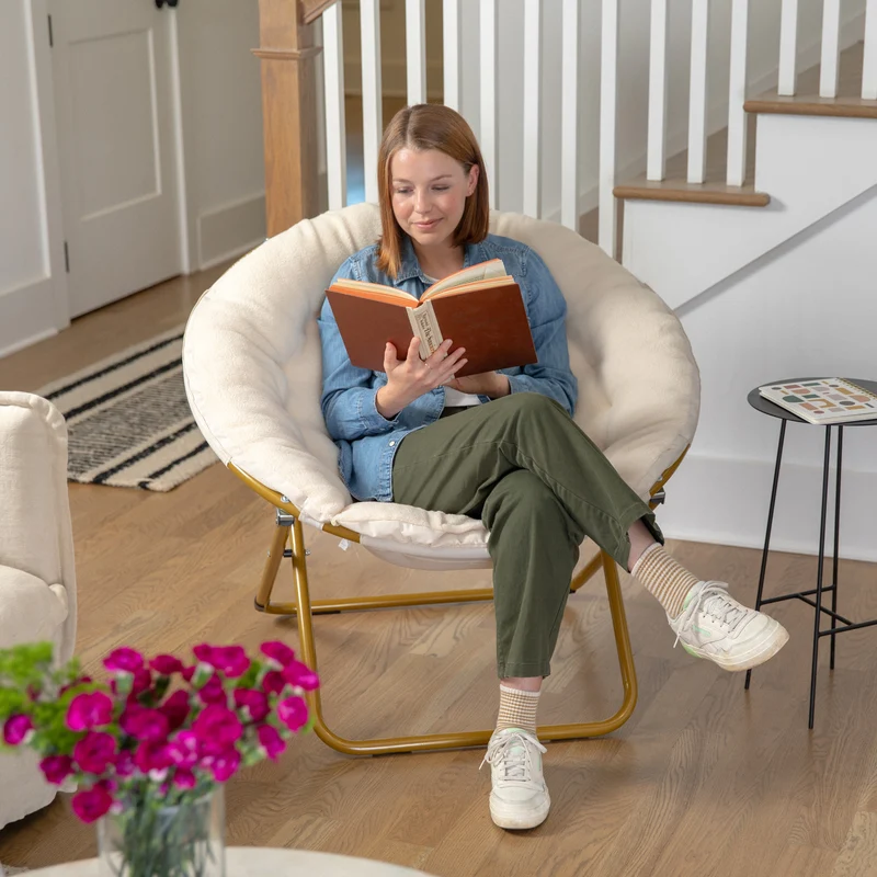 Ersa Oversize Folding Saucer Chair with Cozy Faux Fur Cushion and Metal Frame for Dorms, Bedrooms, Apartments and More