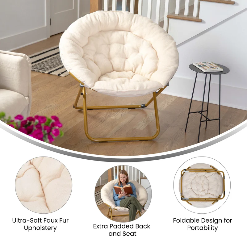 Ersa Oversize Folding Saucer Chair with Cozy Faux Fur Cushion and Metal Frame for Dorms, Bedrooms, Apartments and More