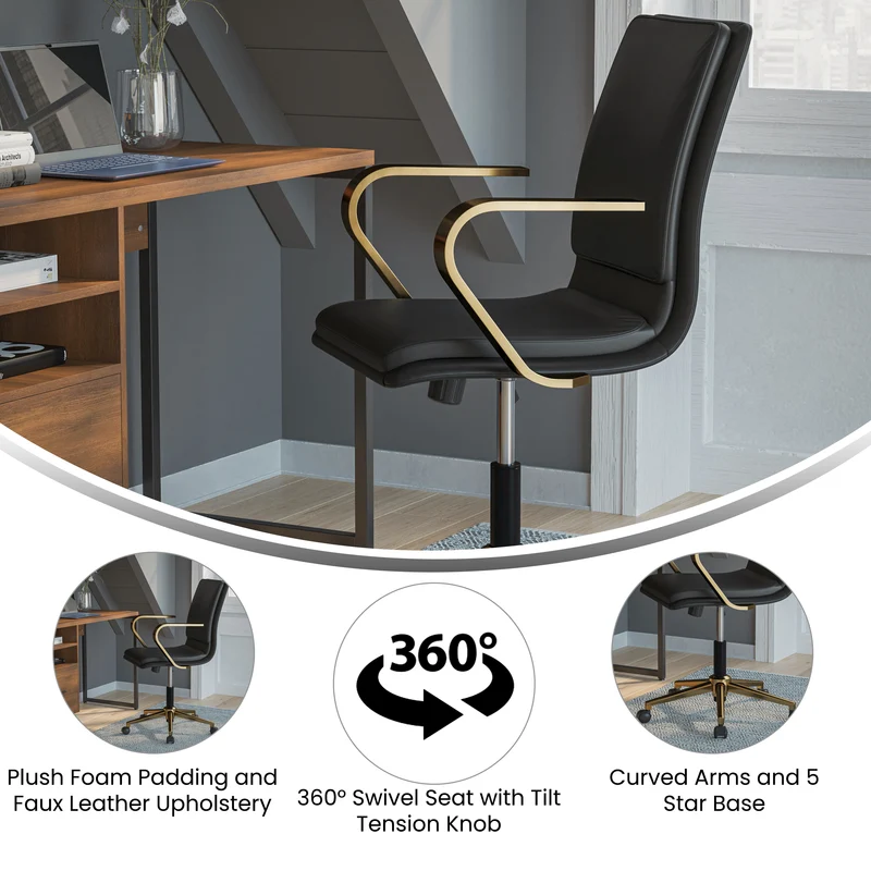 Ziva Modern Upholstered Mid-Back Home Office Chair with Arms and 5 Star Base