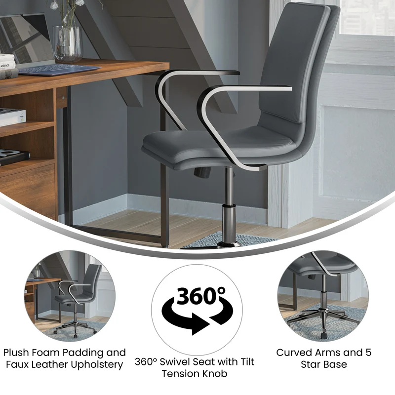 Ziva Modern Upholstered Mid-Back Home Office Chair with Arms and 5 Star Base