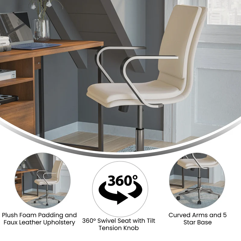 Ziva Modern Upholstered Mid-Back Home Office Chair with Arms and 5 Star Base