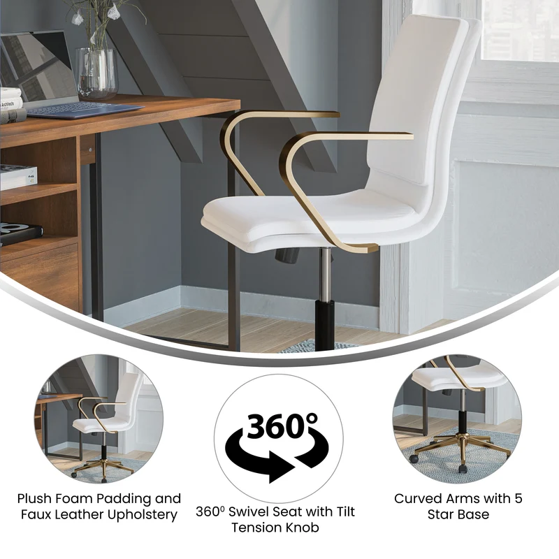 Ziva Modern Upholstered Mid-Back Home Office Chair with Arms and 5 Star Base
