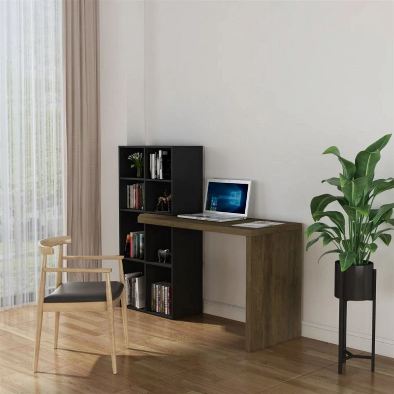 Pinto Office Desk with Built in Book Case, Black and Dark Oak Finish