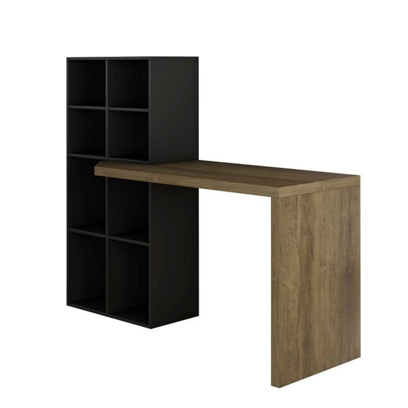 Pinto Office Desk with Built in Book Case, Black and Dark Oak Finish