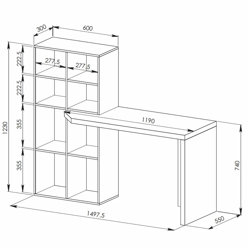 Pinto Office Desk with Built in Book Case, Black and Dark Oak Finish