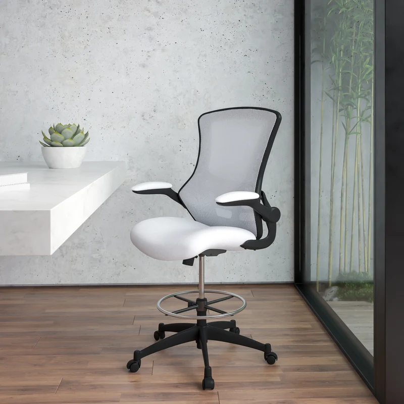 Mid-Back Mesh Ergonomic Drafting Chair with Foot Ring and Flip-Up Arms