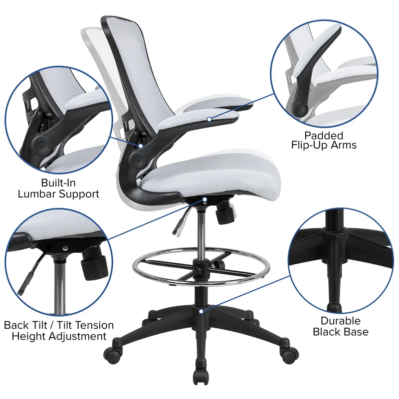 Mid-Back Mesh Ergonomic Drafting Chair with Foot Ring and Flip-Up Arms