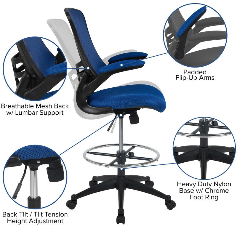 Mid-Back Mesh Ergonomic Drafting Chair with Foot Ring and Flip-Up Arms