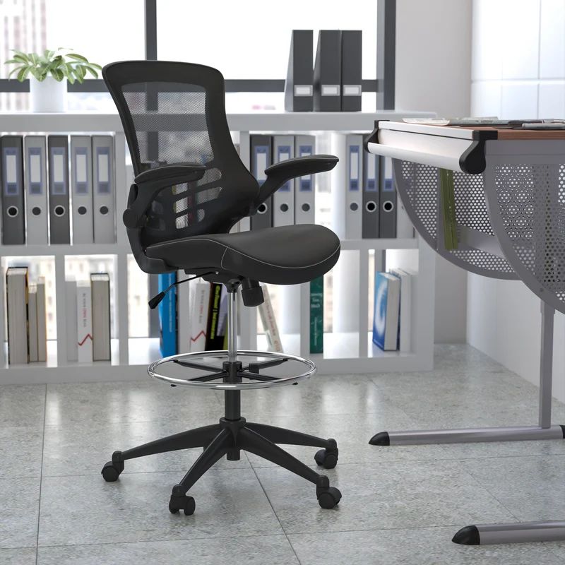Mid-Back Mesh Ergonomic Drafting Chair with Foot Ring and Flip-Up Arms