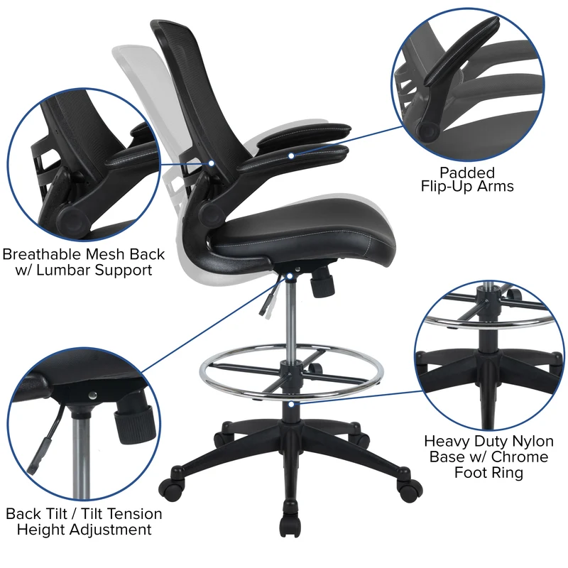 Mid-Back Mesh Ergonomic Drafting Chair with Foot Ring and Flip-Up Arms