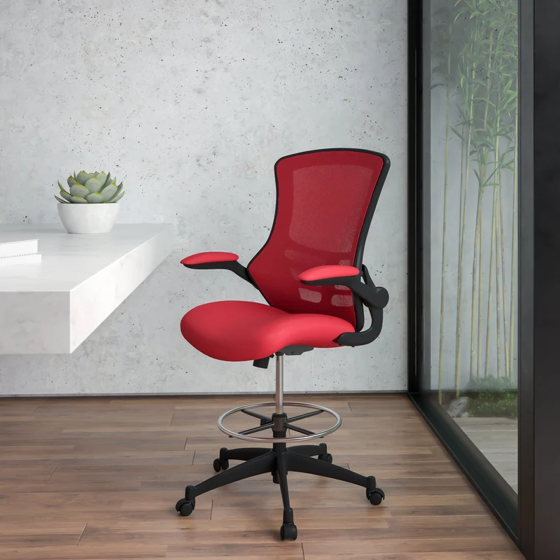Mid-Back Mesh Ergonomic Drafting Chair with Foot Ring and Flip-Up Arms