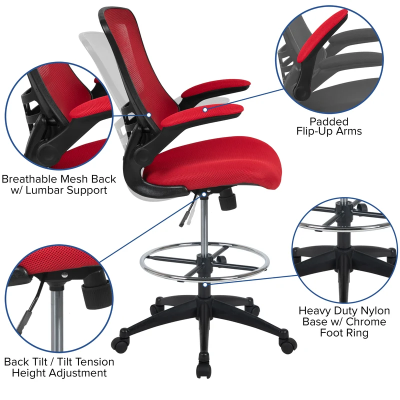 Mid-Back Mesh Ergonomic Drafting Chair with Foot Ring and Flip-Up Arms